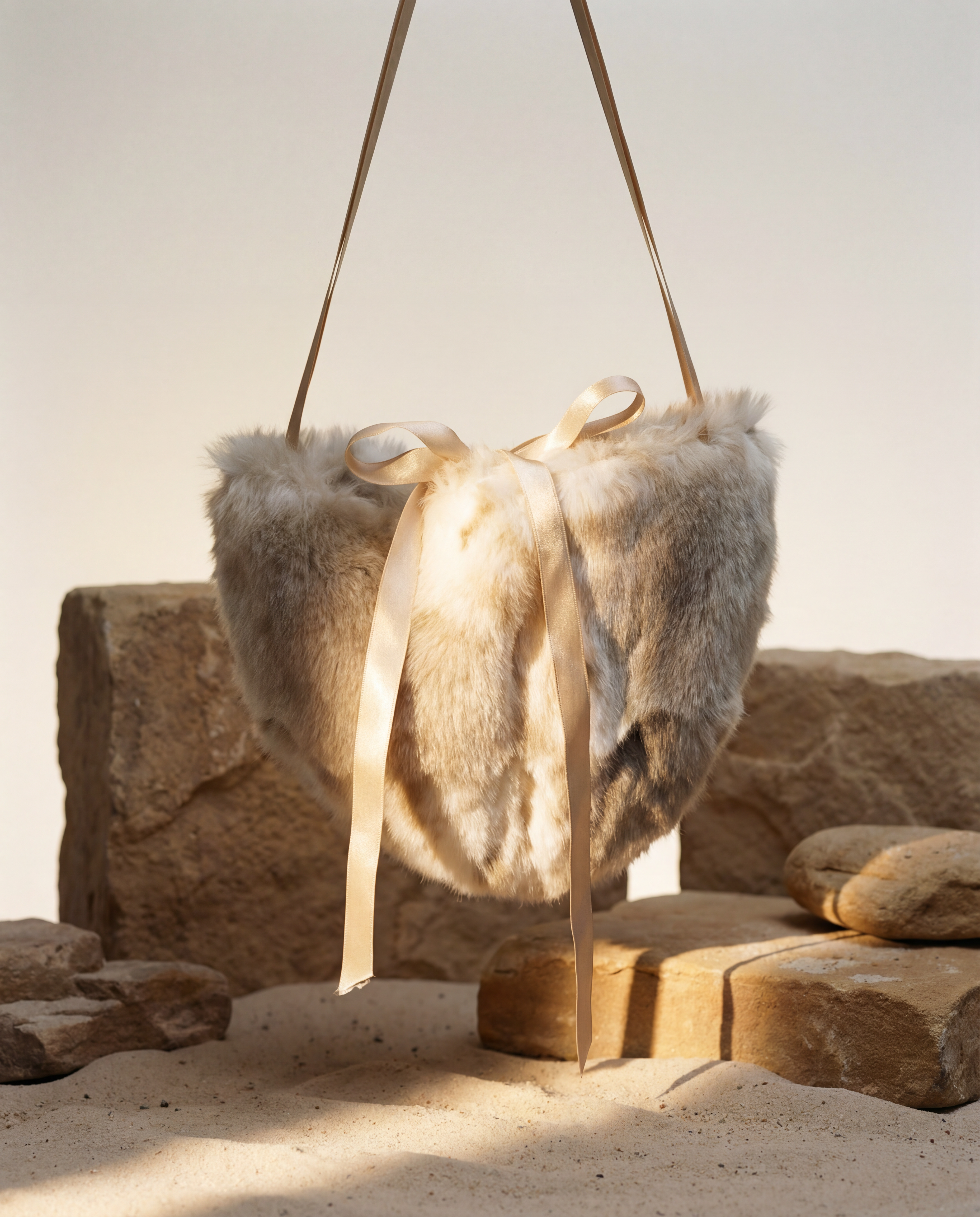 Sac en fausse fourrure vegan beige ivoire, texture douce et soyeuse, silhouette souple avec rubans satinés, style couture élégant, fabrication artisanale à Paris