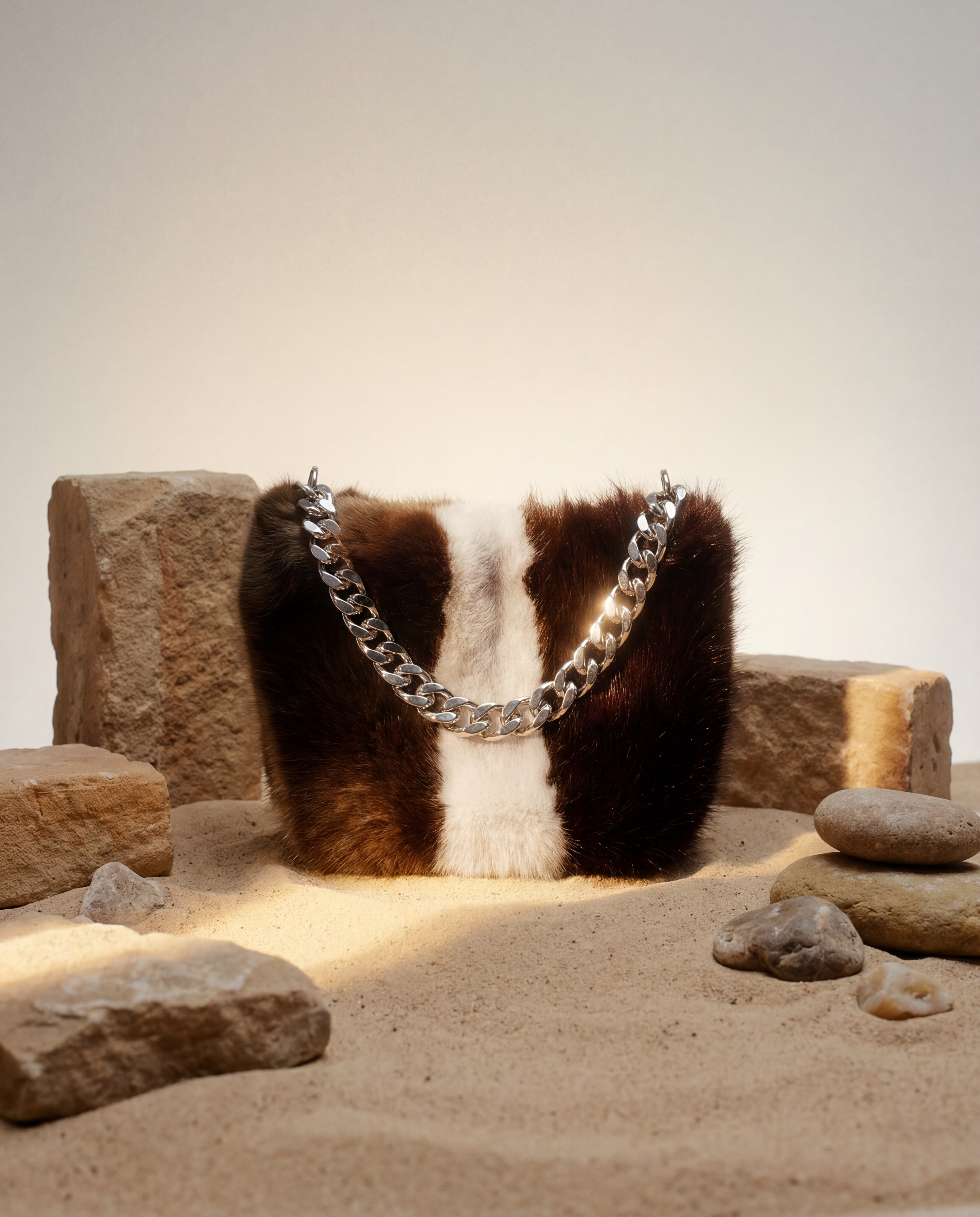 Sac en fausse fourrure vegan tricolore brun ivoire et violet, texture douce effet velours, chaîne argentée, design graphique élégant, fabrication artisanale à Paris