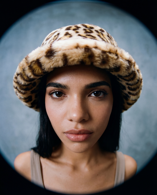 Bob femme en fausse fourrure vegan léopard, chapeau hiver tendance luxe, accessoire mode chaud Maison Quivernay Paris.