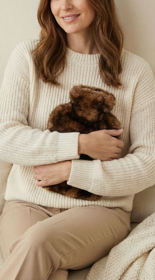 Bouillotte en fausse fourrure vegan marron, accessoire chaleur hiver doux et confortable, objet cocooning luxe Maison Quivernay Paris.