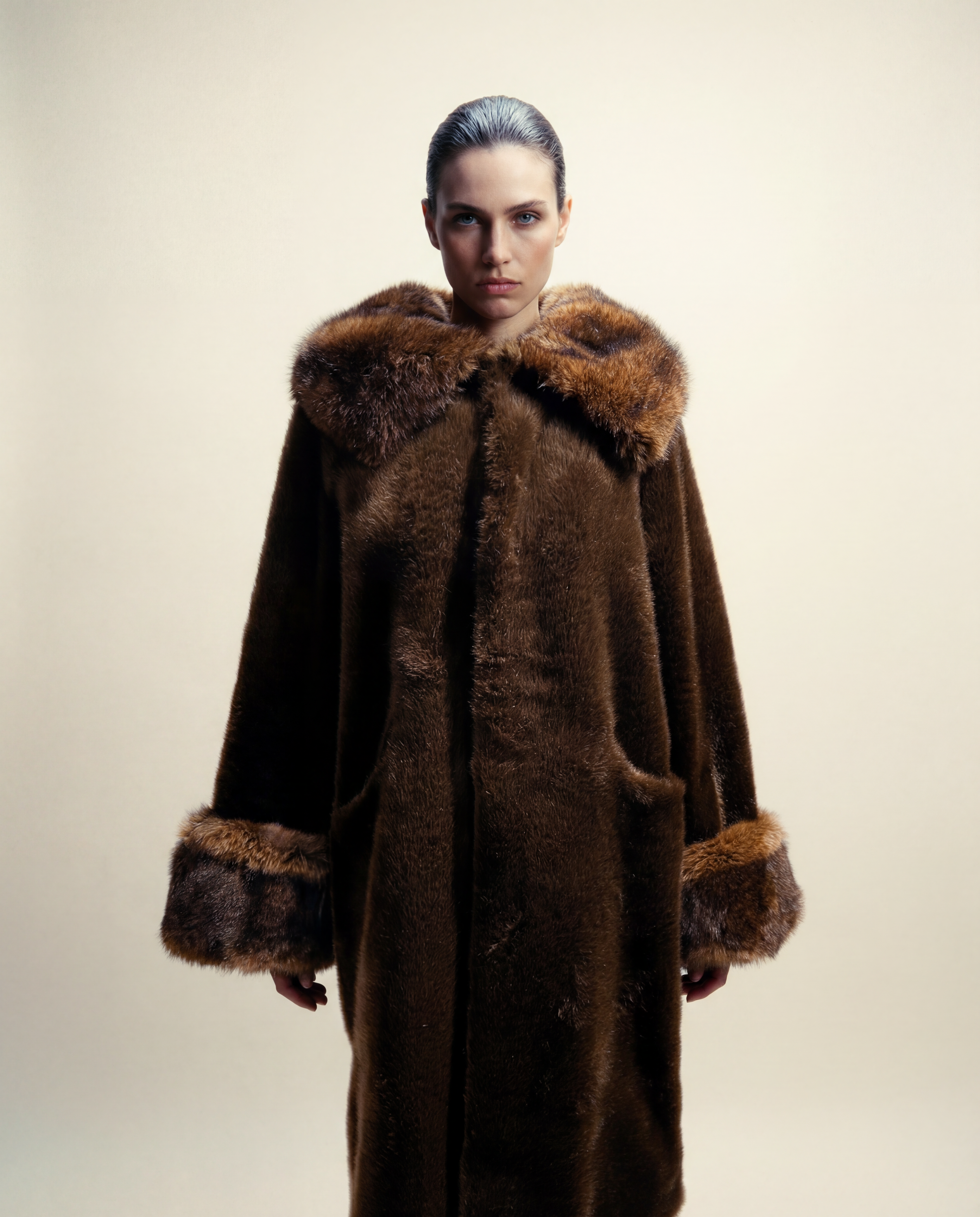 Manteau long en fausse fourrure vegan, coupe droite élégante, col et poignets oversize, fabrication artisanale en France