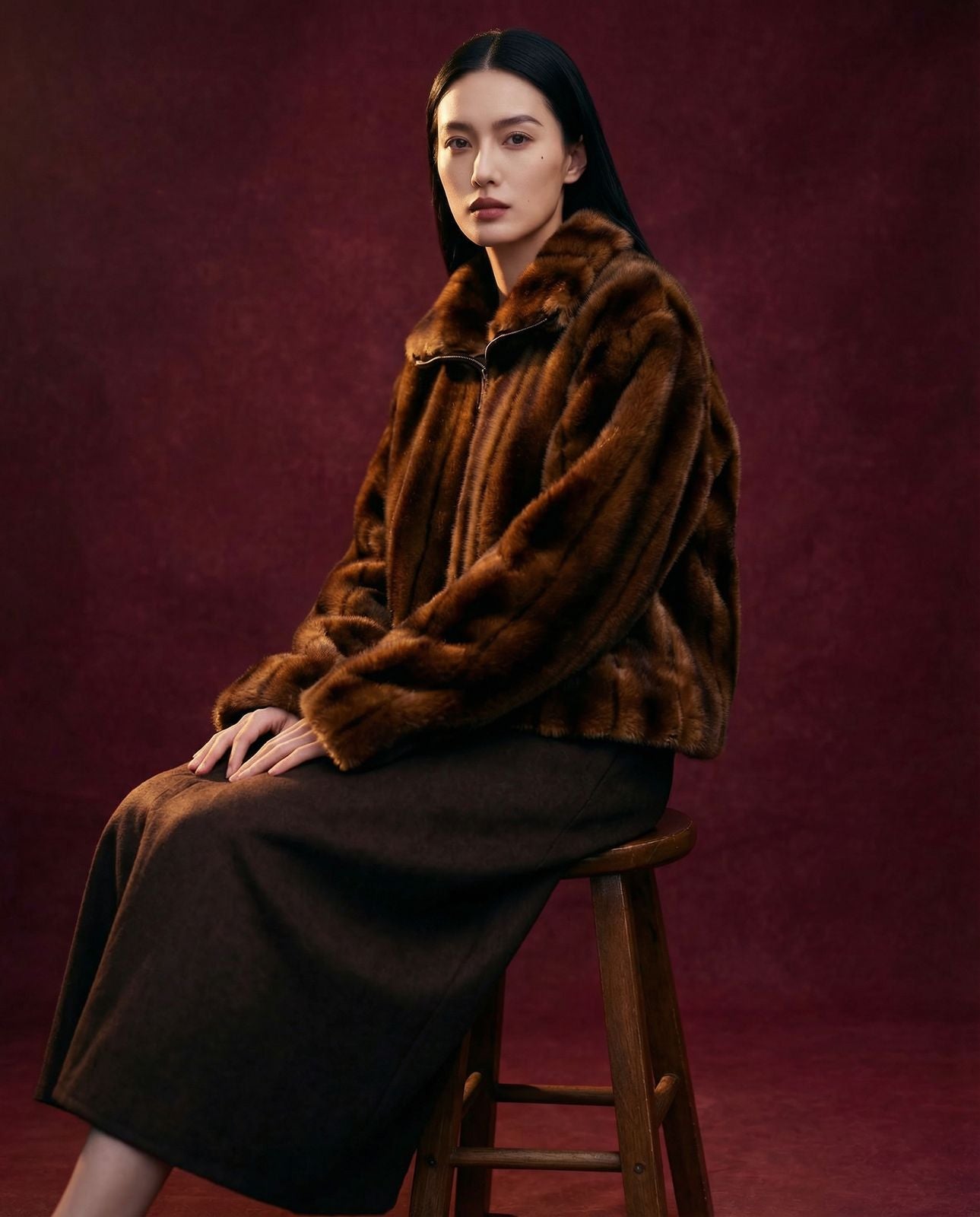Veste zippée en fausse fourrure vegan brune, poils courts et soyeux, col montant structuré, coupe droite moderne, doublure satinée, fabrication artisanale en France