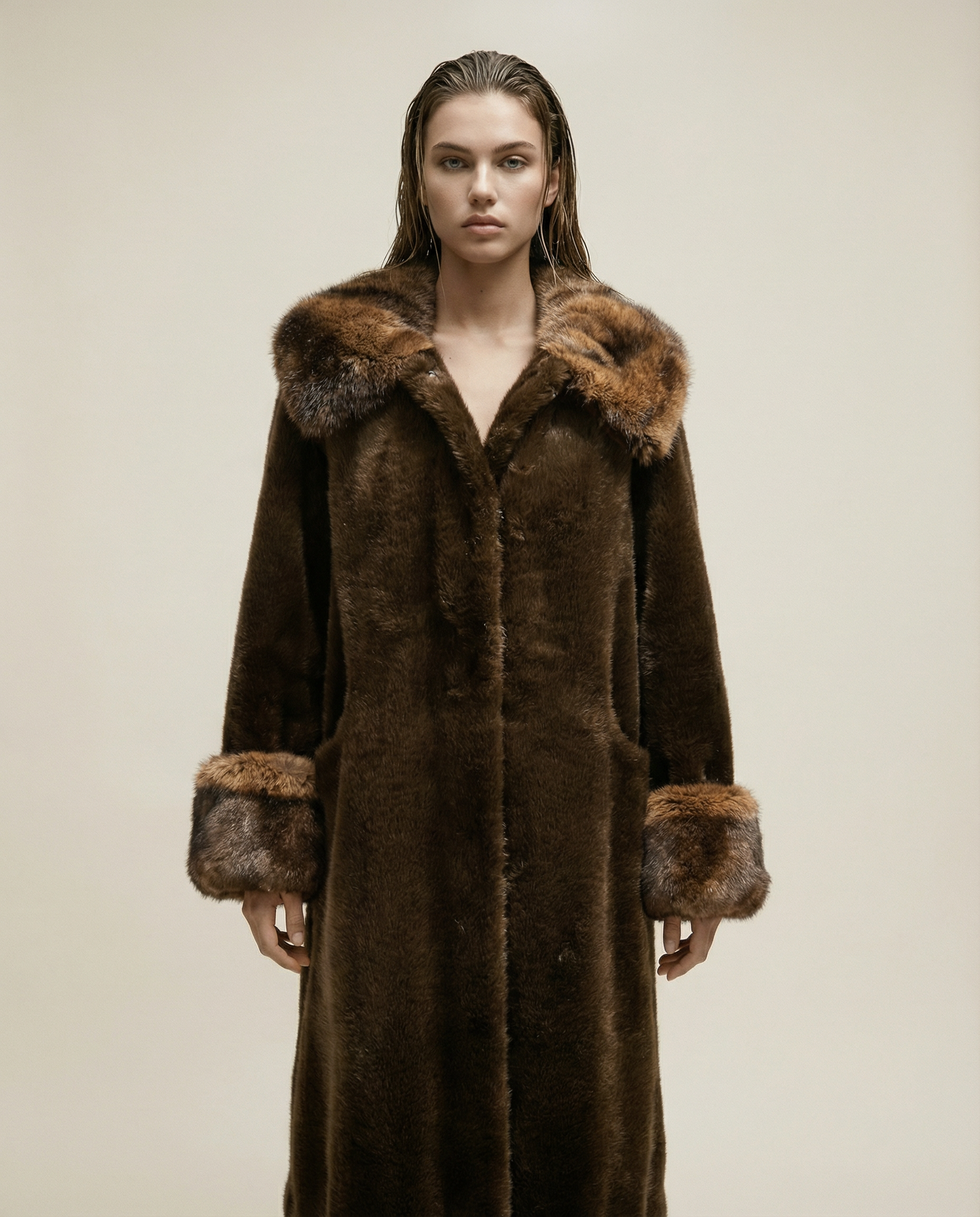 Manteau long en fausse fourrure vegan, coupe droite élégante, col et poignets oversize, fabrication artisanale en France