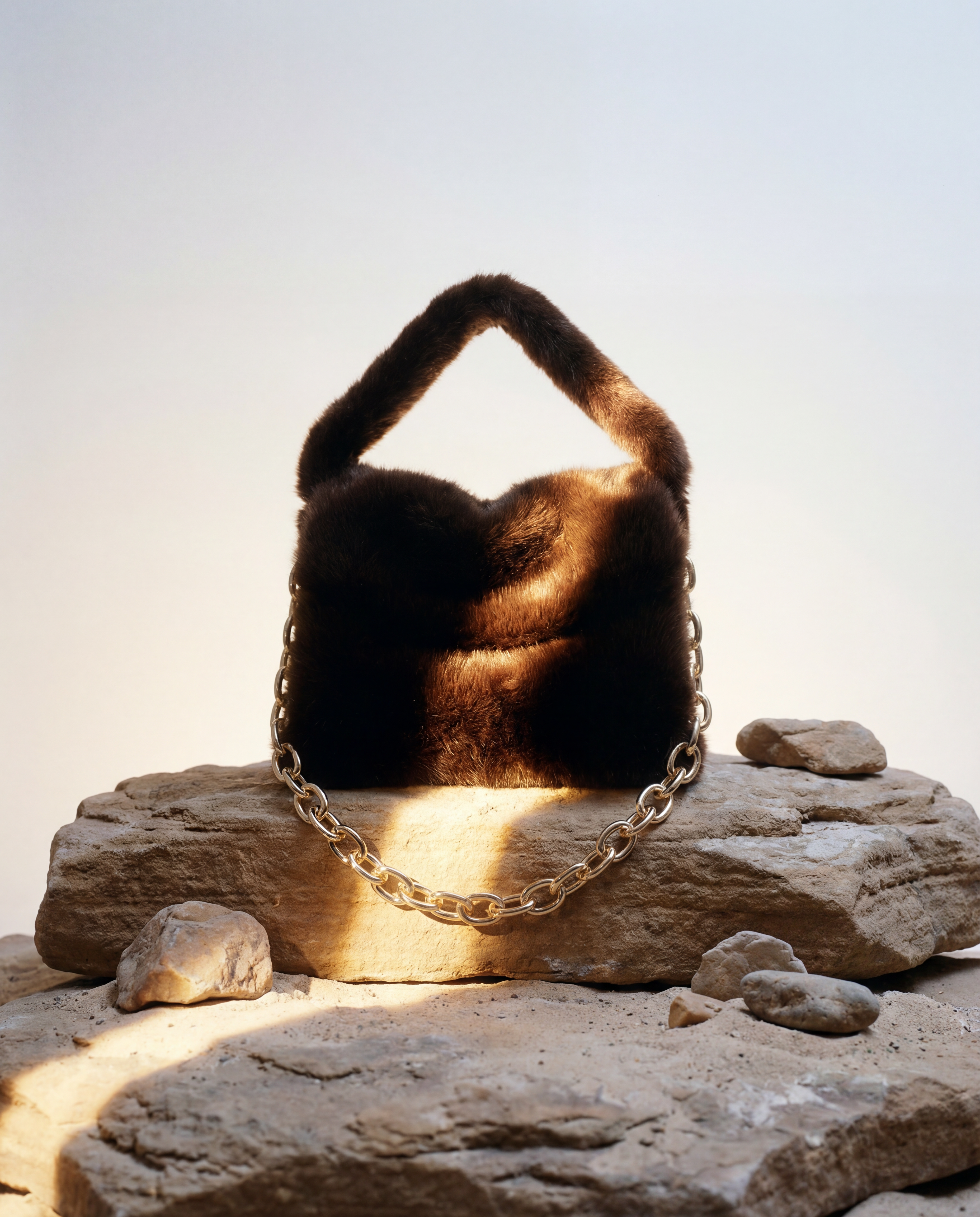 Sac en fausse fourrure vegan brun chocolat, texture douce effet velours, chaîne dorée, silhouette souple élégante, fabrication artisanale à Paris