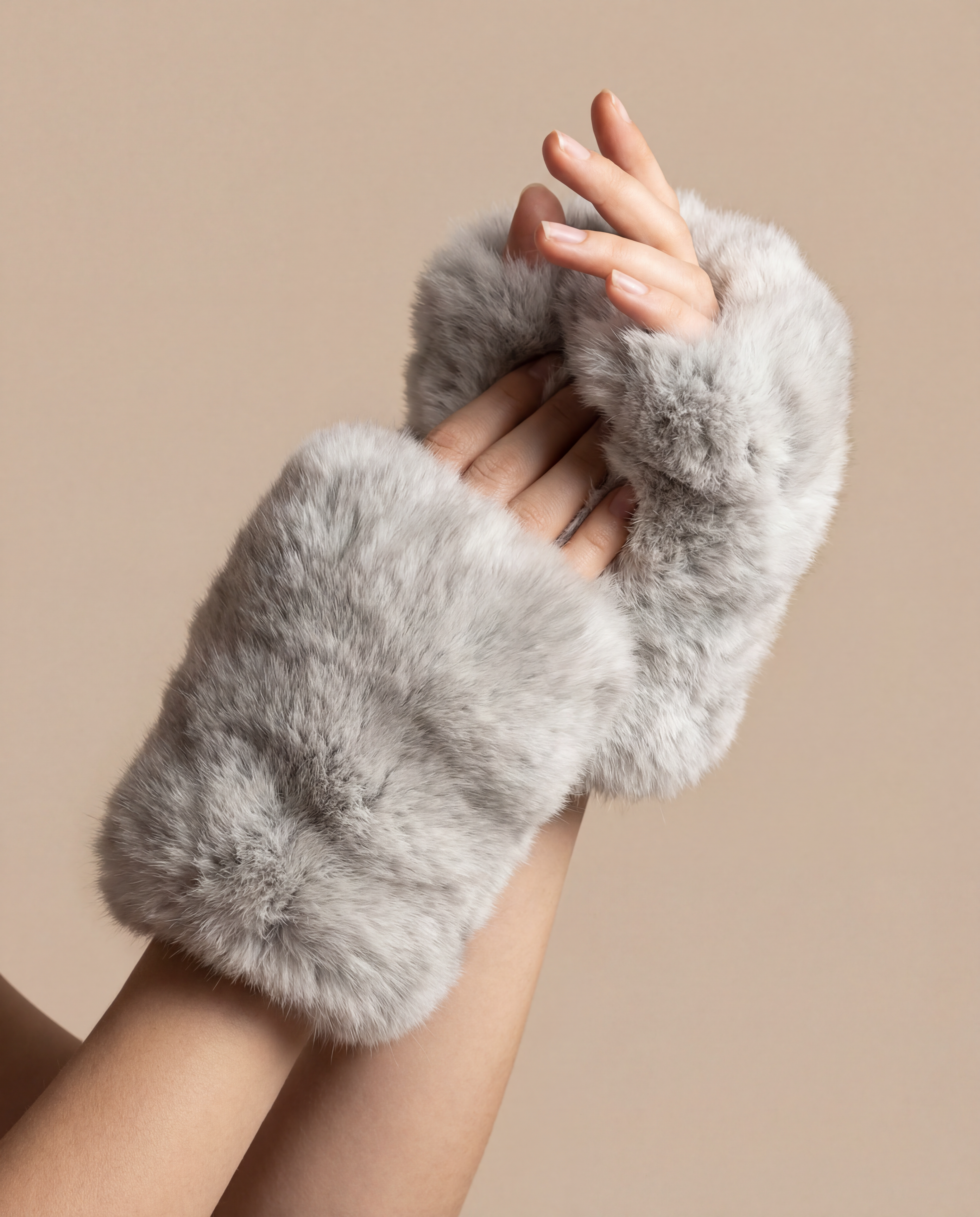 Mitaines femme en fausse fourrure vegan, gants hiver sans doigts chauds et doux, accessoire mode luxe Maison Quivernay Paris.