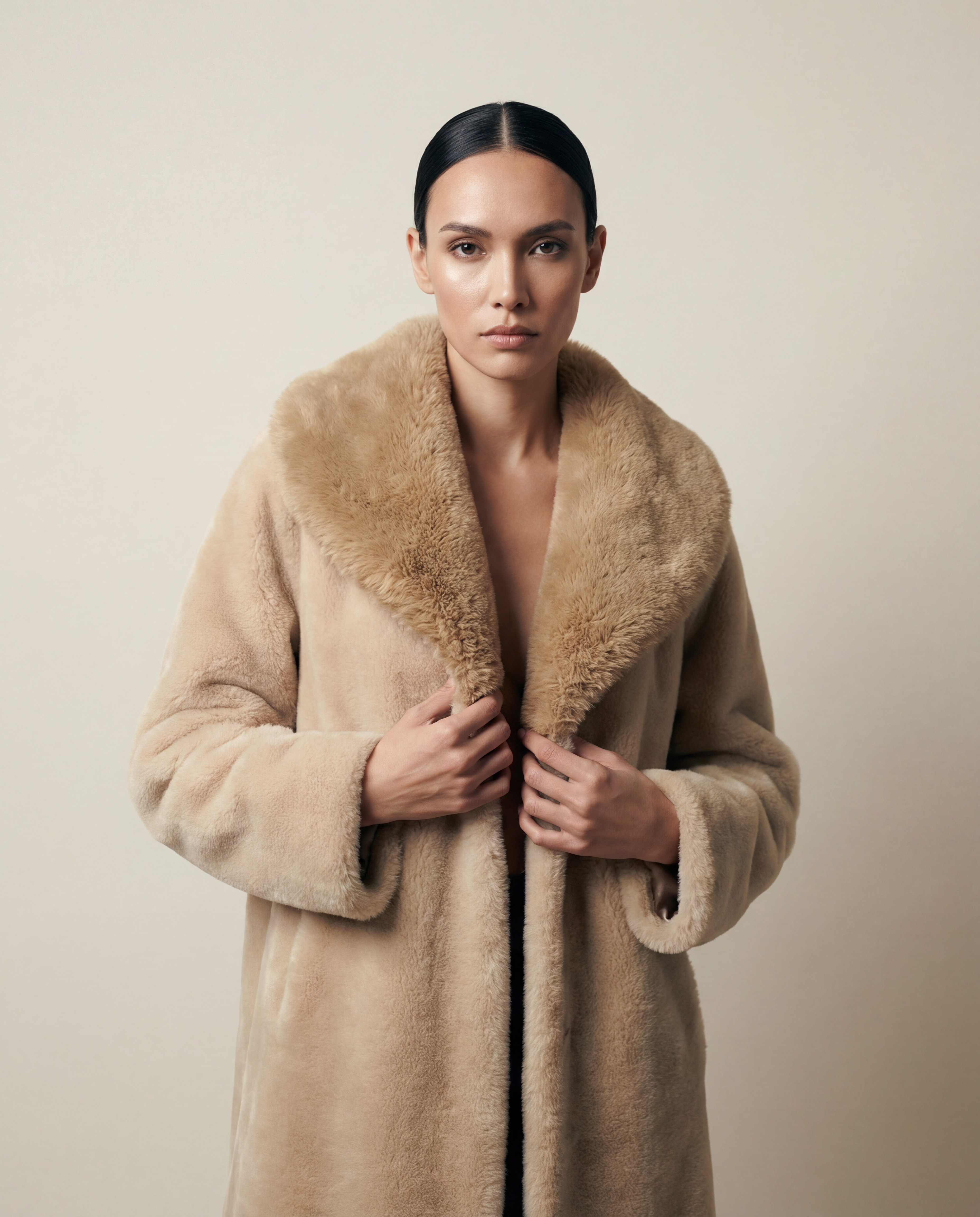 Manteau long femme en fausse fourrure vegan crème, texture douce et soyeuse, large col effet shearling enveloppant, coupe fluide élégante, confection artisanale parisienne MQV Paris.