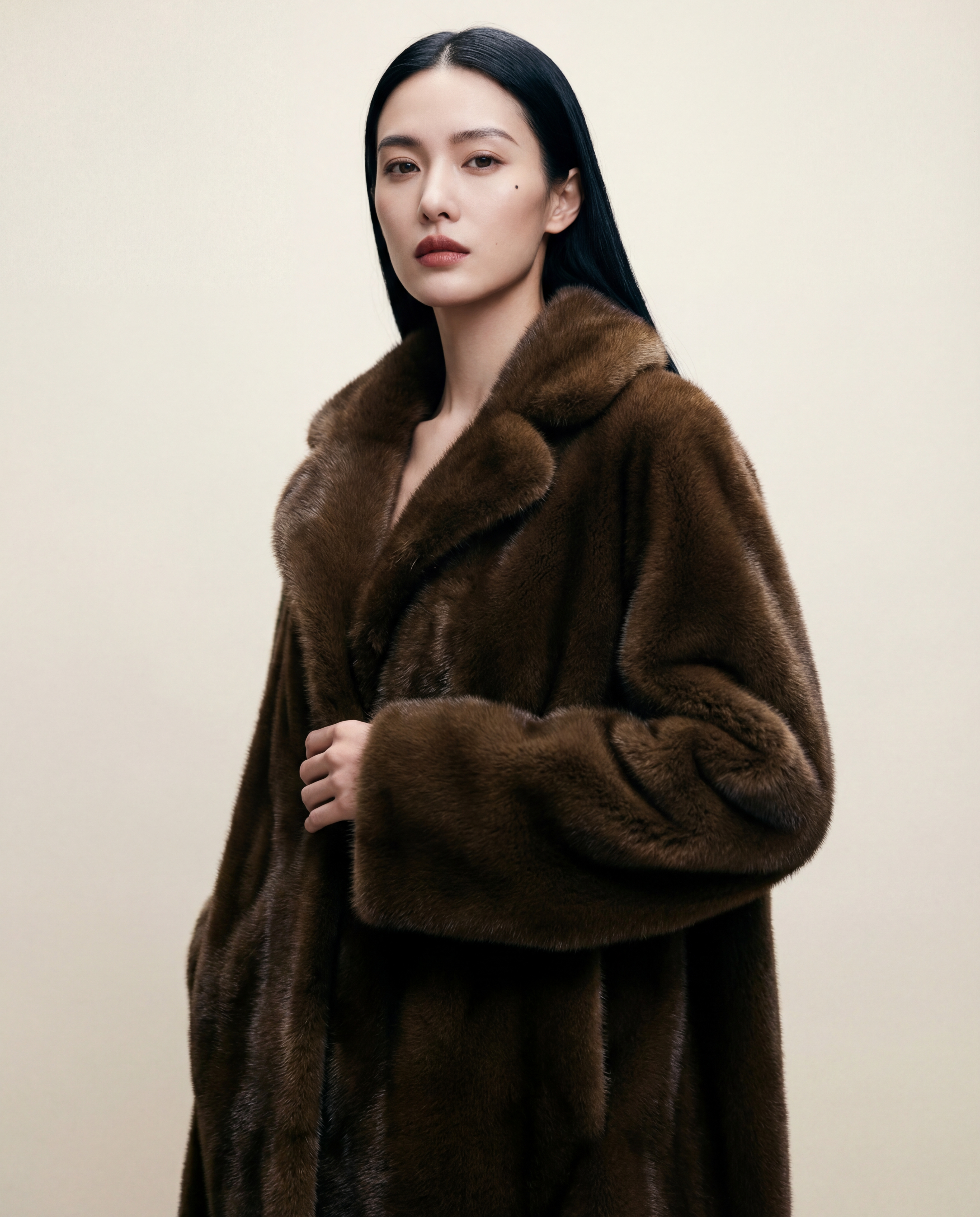 Manteau hiver femme en fausse fourrure vegan chocolat, coupe droite mi-cuisses, poils courts brillants, col ouvert, fabrication artisanale parisienne MQV Paris.